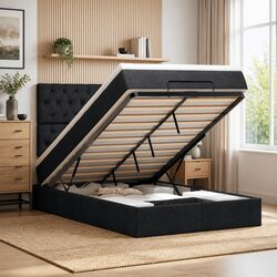 Ottoman Bed with Pocket Spring Mattress LED Lights Storage King Single Black