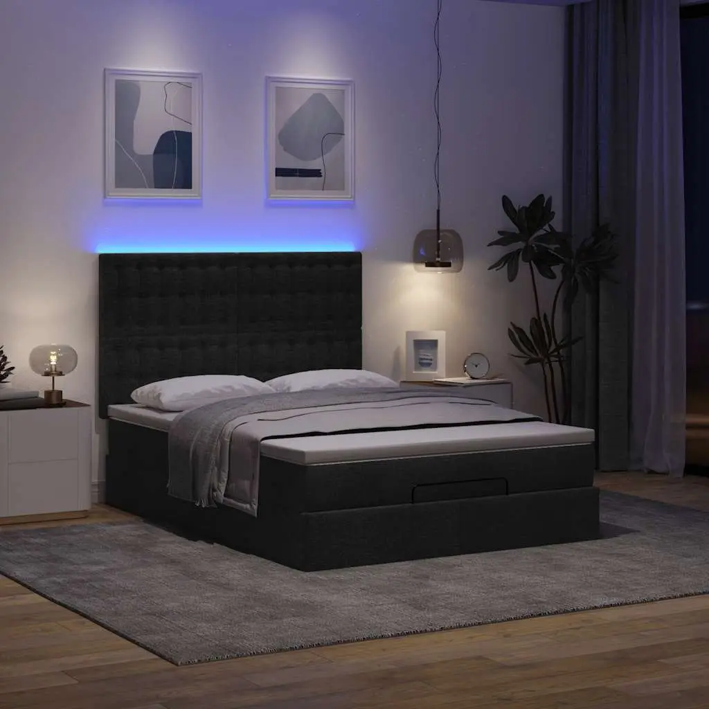 Ottoman Bed with Pocket Spring Mattress LED Lights Storage Double Black Fabric
