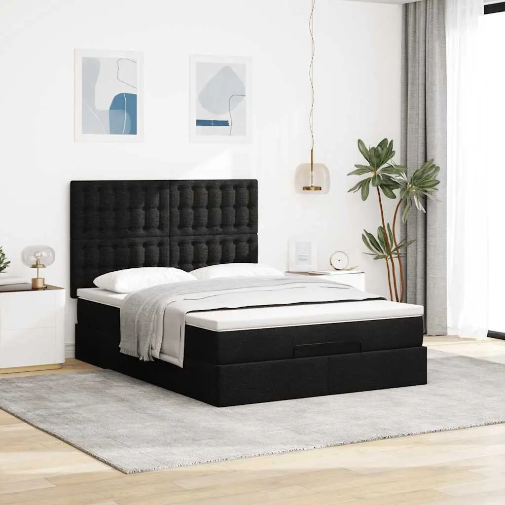 Ottoman Bed with Pocket Spring Mattress LED Lights Storage Double Black Fabric