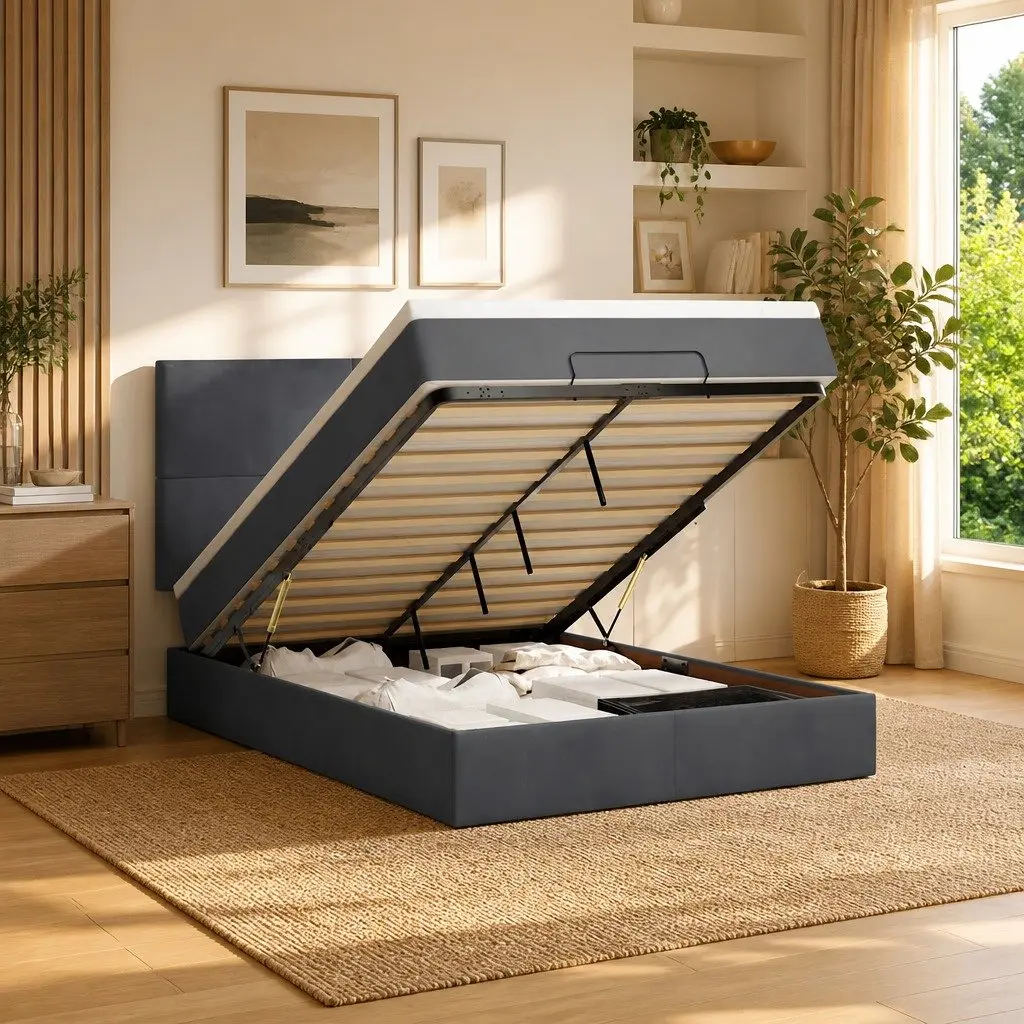 Double Ottoman Bed Storage Grey Velvet Pocket Spring Mattresses LED Lighting