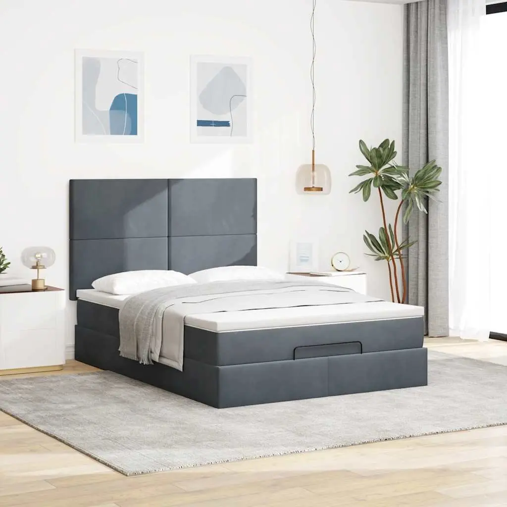 Double Ottoman Bed Storage Grey Velvet Pocket Spring Mattresses LED Lighting