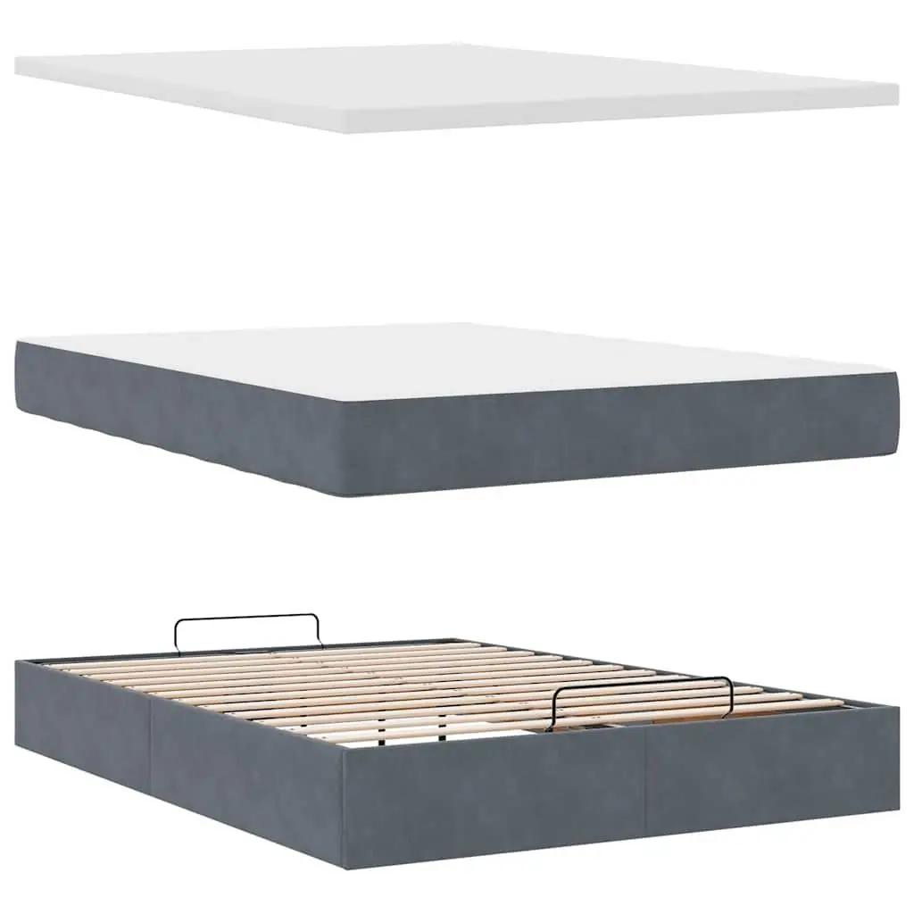 Double Ottoman Bed Storage Grey Velvet Pocket Spring Mattresses LED Lighting