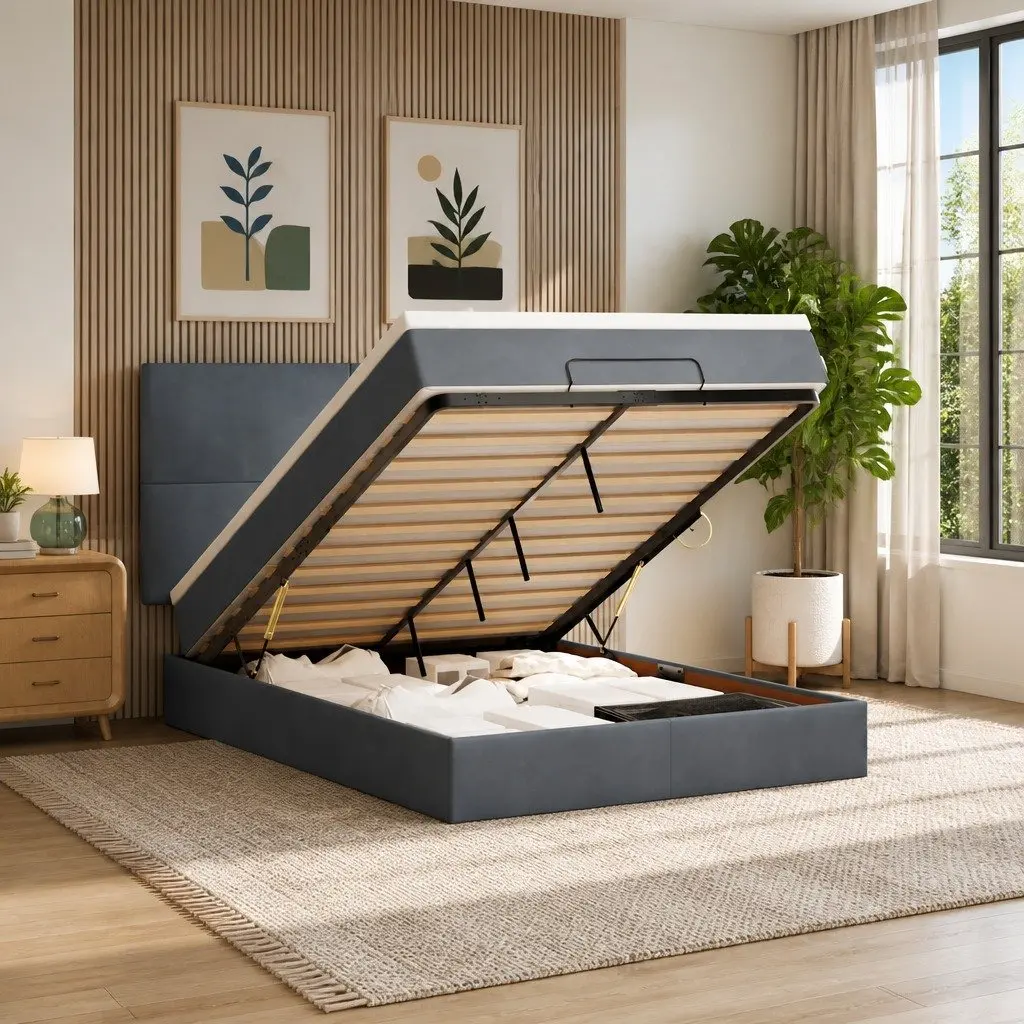 Ottoman Bed Queen Storage Velvet Grey Pocket Spring Mattress Topper with LED