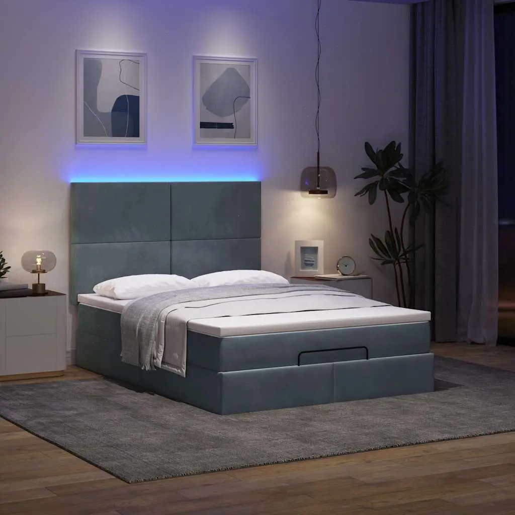 Ottoman Bed Queen Storage Velvet Grey Pocket Spring Mattress Topper with LED