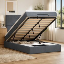 Ottoman Bed King Single with Pocket Spring Mattress Topper LED Lights Grey