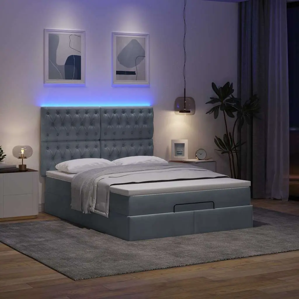 Ottoman Bed Queen Size Grey Velvet Storage Mattress Topper LED Lights Hydraulic
