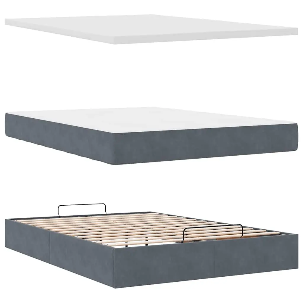 Ottoman Bed Queen Size Grey Velvet Storage Mattress Topper LED Lights Hydraulic
