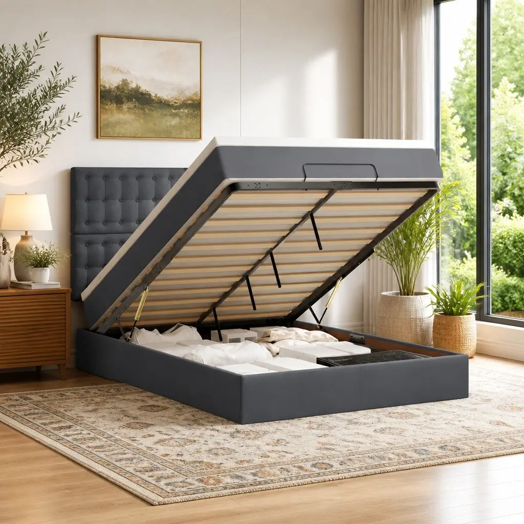 Grey Velvet Ottoman Bed with Storage Options