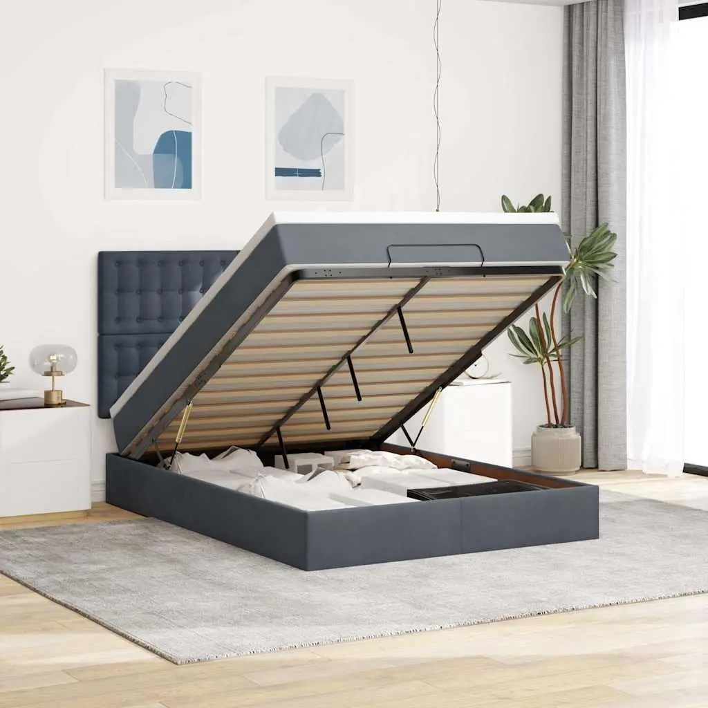 Ottoman Bed Queen with Pocket Spring Mattress Topper Hydraulic Lift Storage Grey Velvet