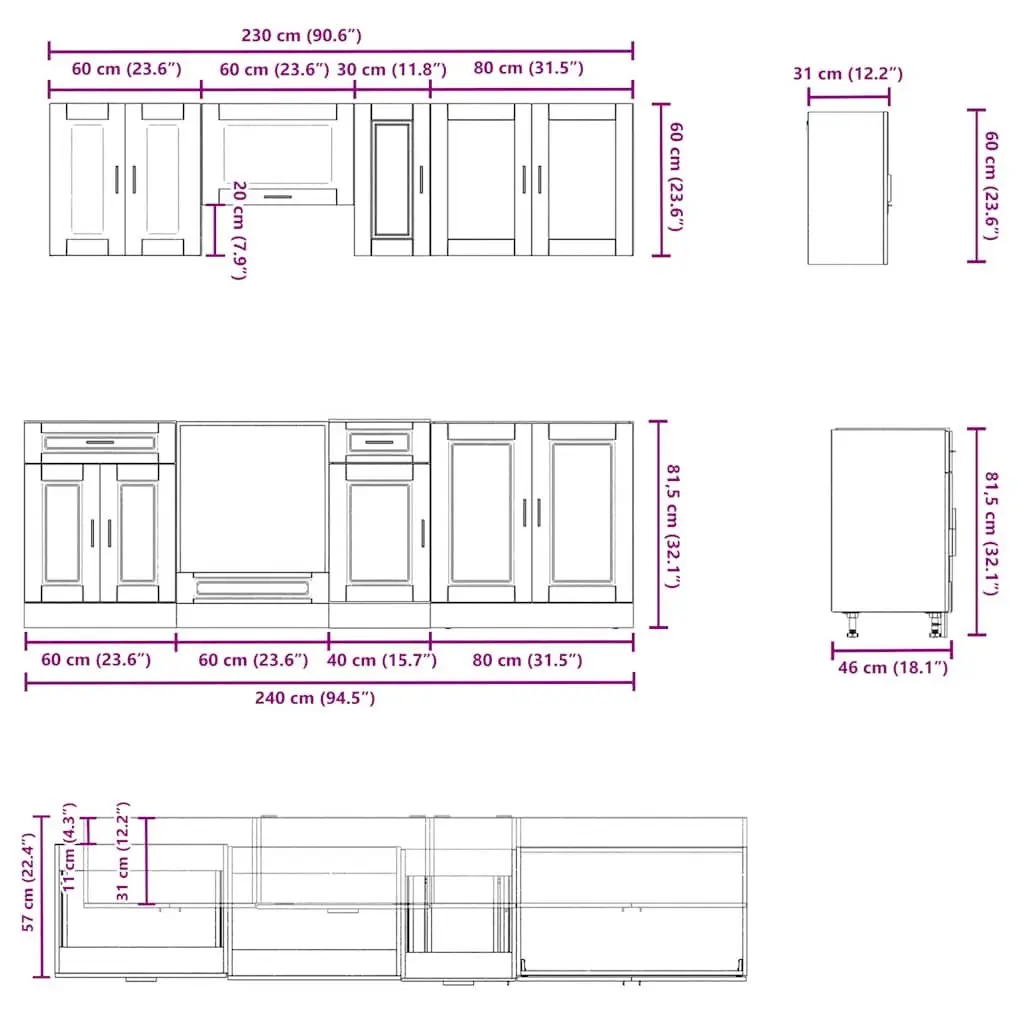 Kitchen Cabinet Set 8 Piece White Storage Engineered Wood Cupboard Unit