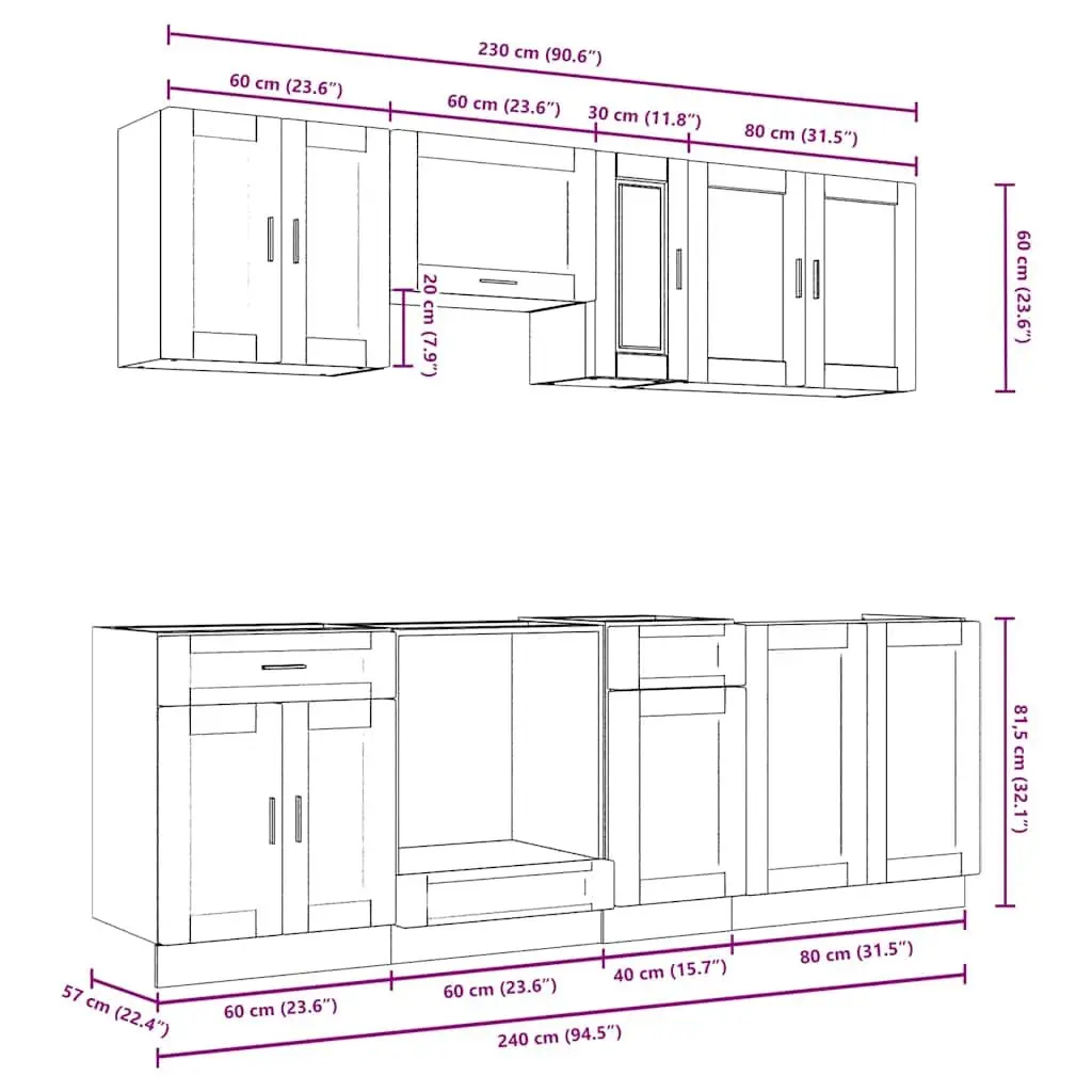 Kitchen Cabinet Set 8 Piece White Storage Engineered Wood Cupboard Unit