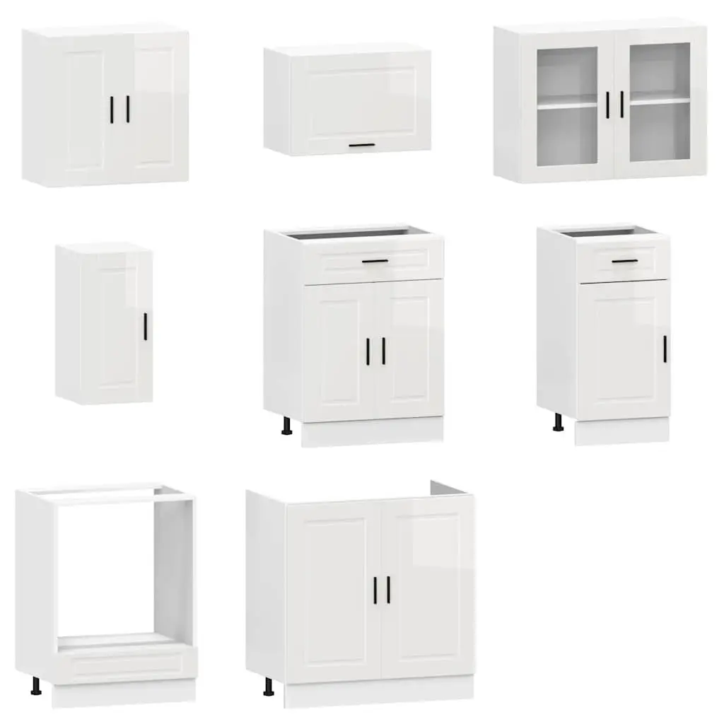 8 Piece Kitchen Cabinet Set Storage Cupboard White High Gloss Engineered Wood