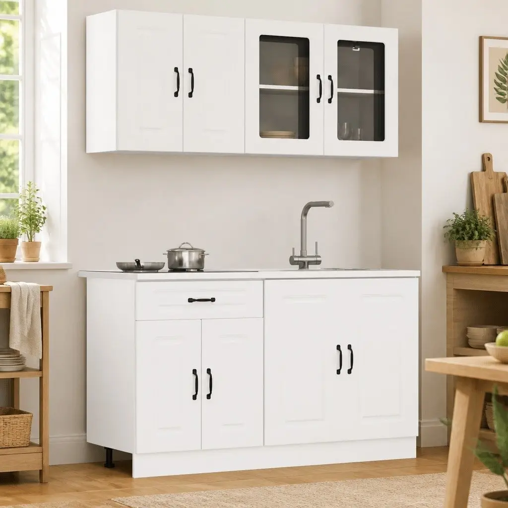 Kitchen Cabinet Set 4 Piece White Engineered Wood Storage Cupboards