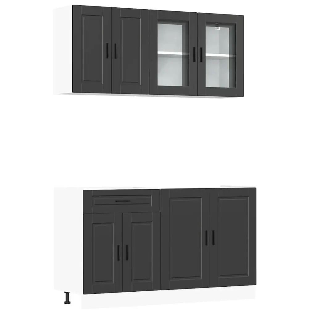 4 Piece Kitchen Cabinet Set Storage Cupboards Engineered Wood Adjustable Black