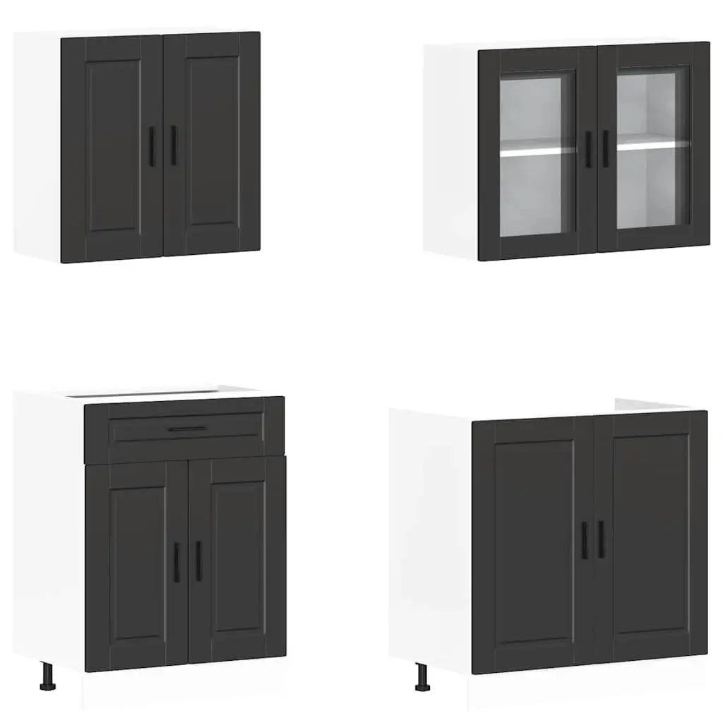 4 Piece Kitchen Cabinet Set Storage Cupboards Engineered Wood Adjustable Black
