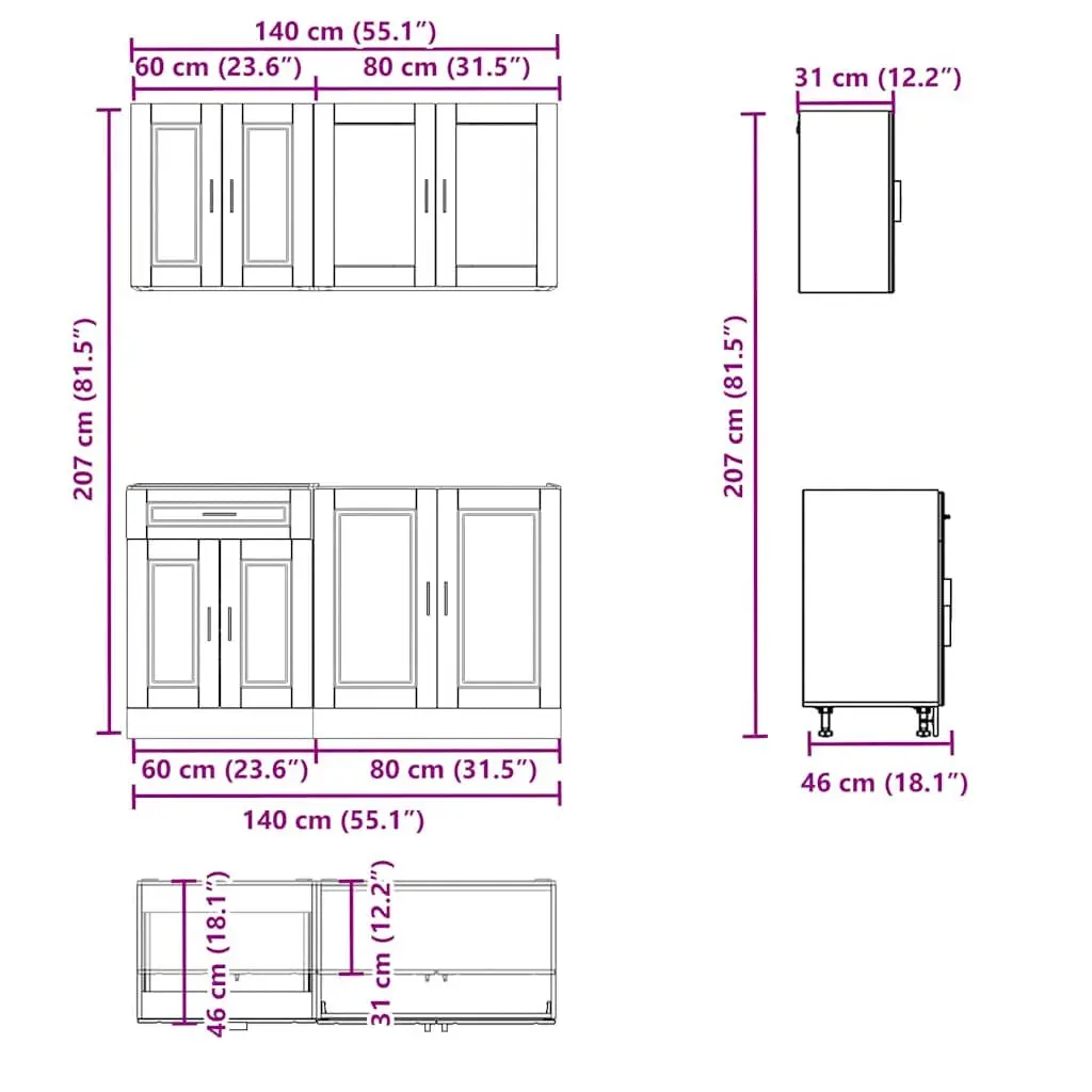 4 Piece Kitchen Cabinet Set Storage Cupboards Engineered Wood Adjustable Black