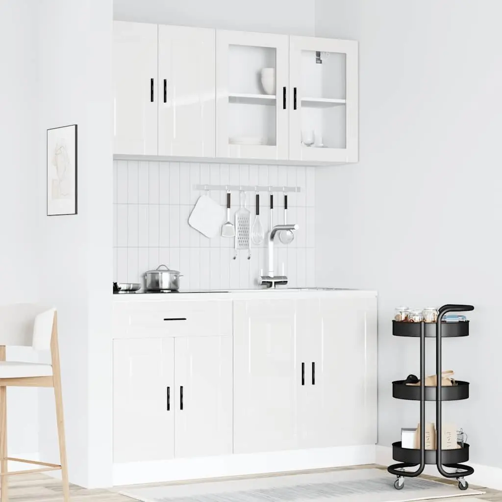 4 Piece Kitchen Cabinet Set White High Gloss Engineered Wood Storage Cupboard
