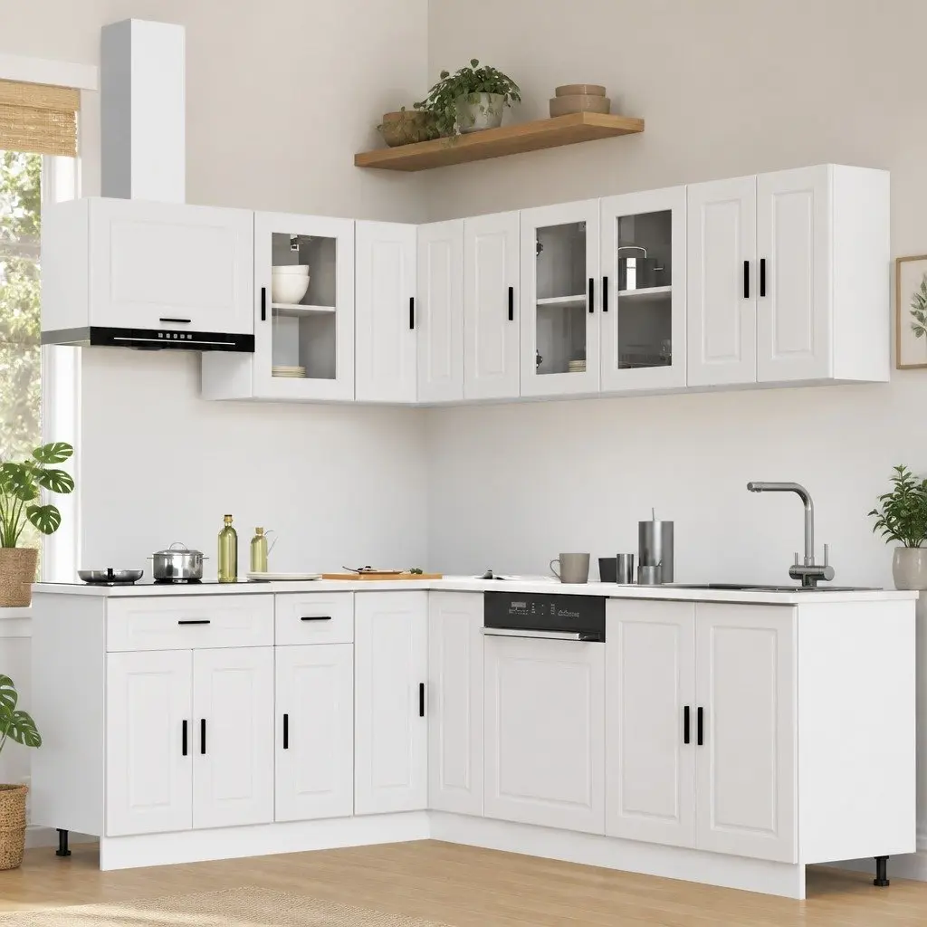 11 Piece White Engineered Wood Kitchen Cabinet Set Storage Optimisation