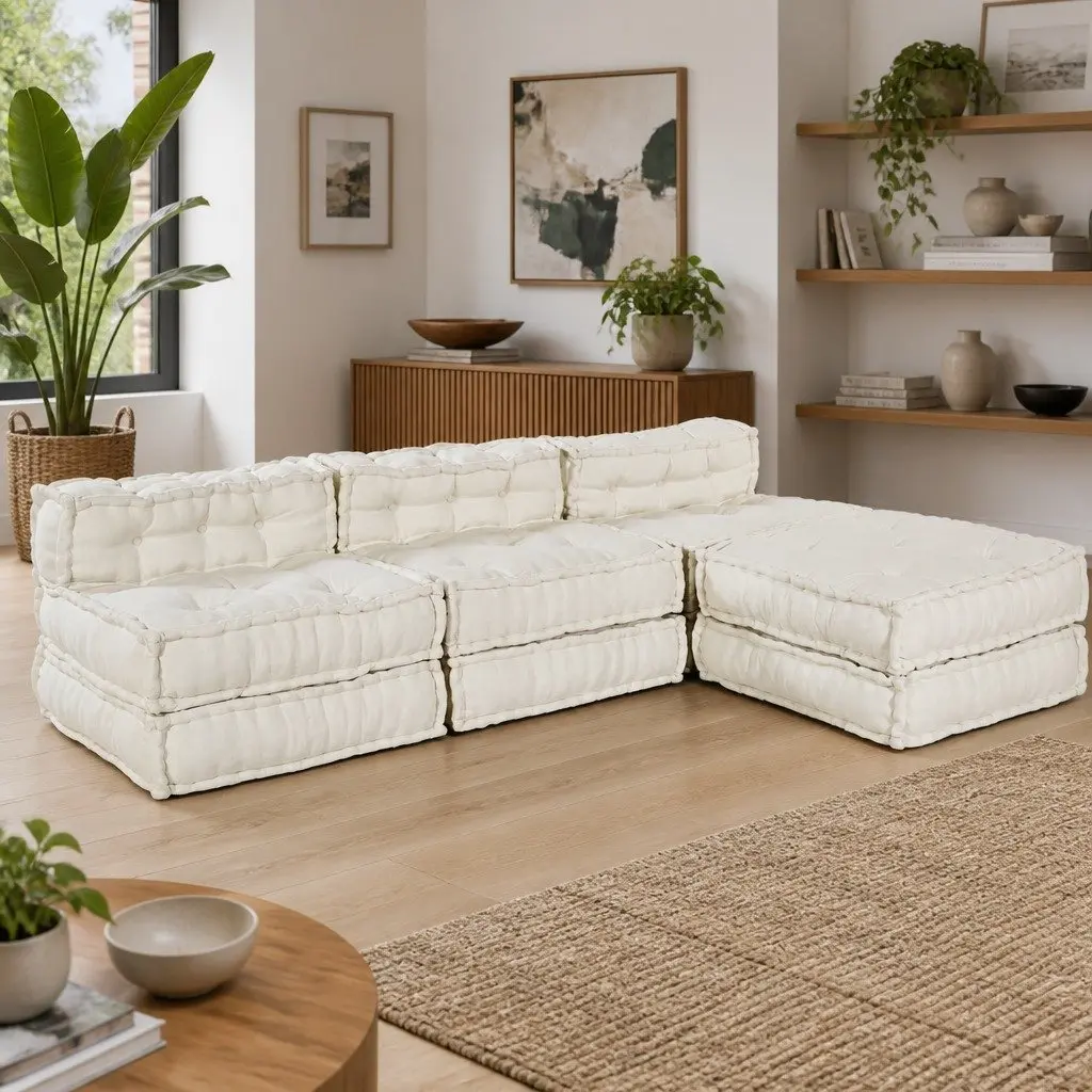 Modular Sofa Unit Fabric Cream 210 x 140 x 56 cm Indoor Outdoor Lounge Seating