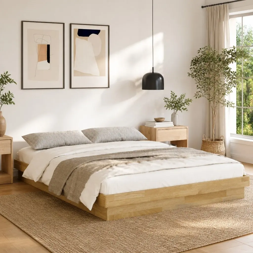 Bed Frame Low Floor Solid Wood 150x200 cm Oak Slatted Base Brown
