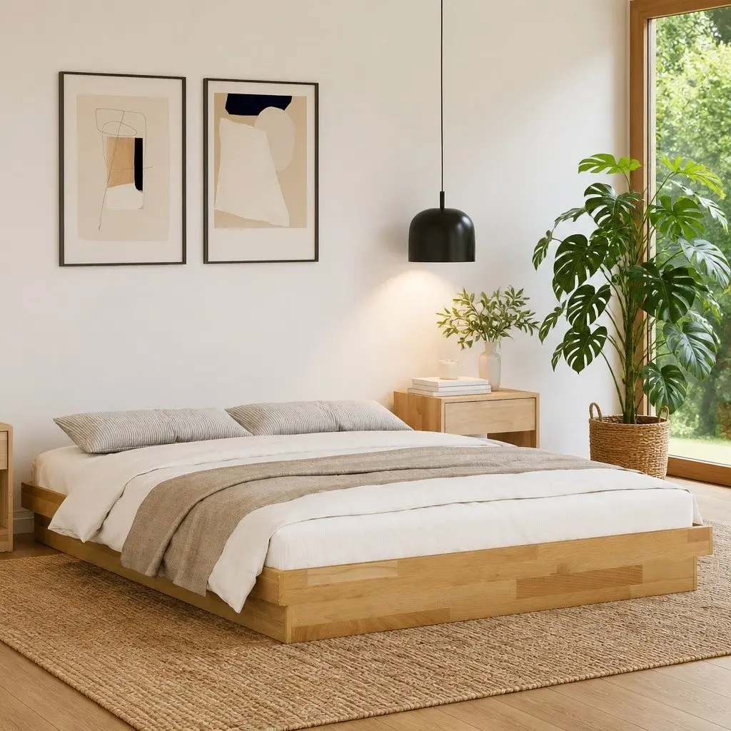 Bed Frame 135x190 cm Low Floor Solid Oak Wood Slatted Base Children Bedroom