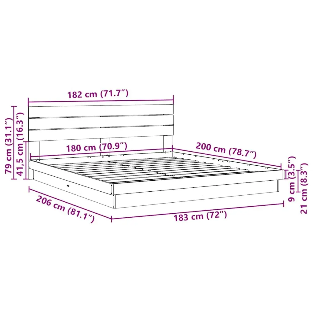 Solid Oak Bed Frame with Low Platform and Headboard 180x200 cm