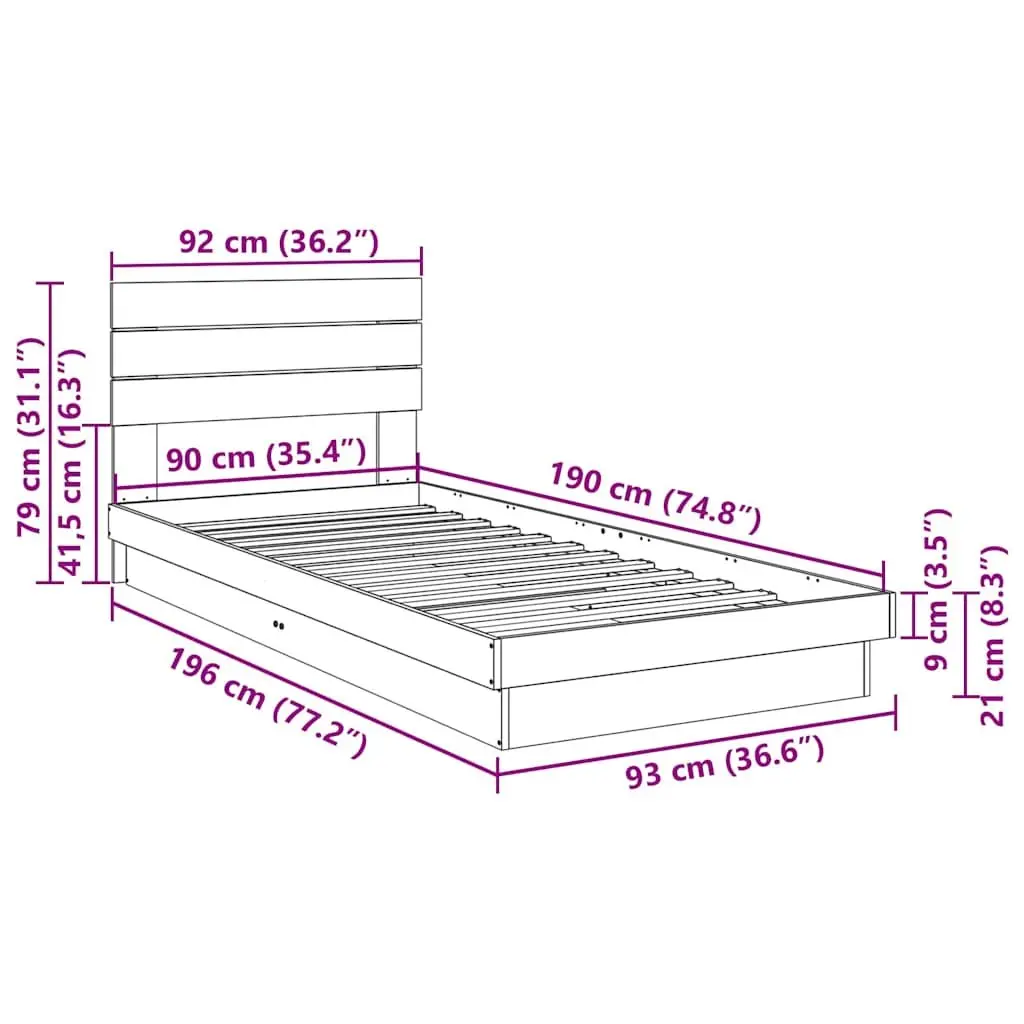 Solid Wood Oak Bed Frame 90x190 cm with Headboard Low Floor Slatted Base