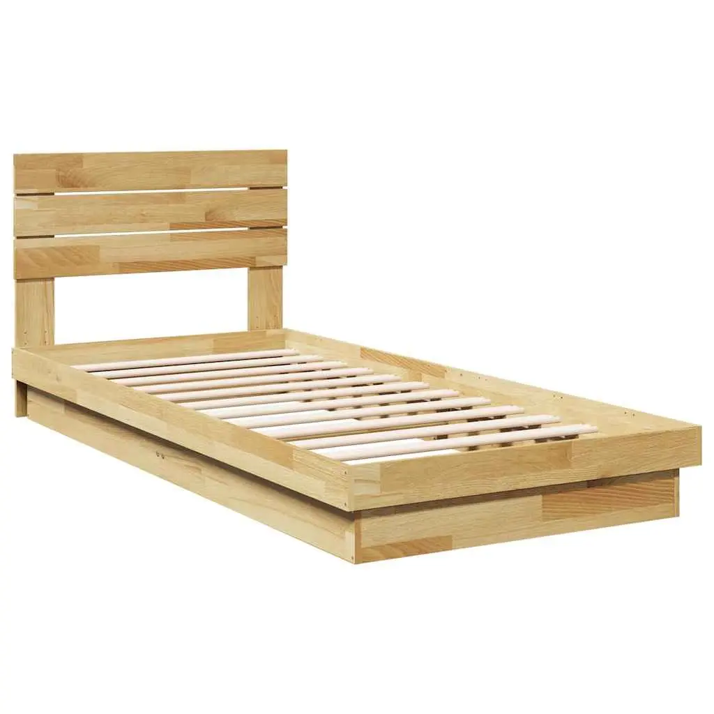 Solid Wood Oak Bed Frame 90x190 cm with Headboard Low Floor Slatted Base
