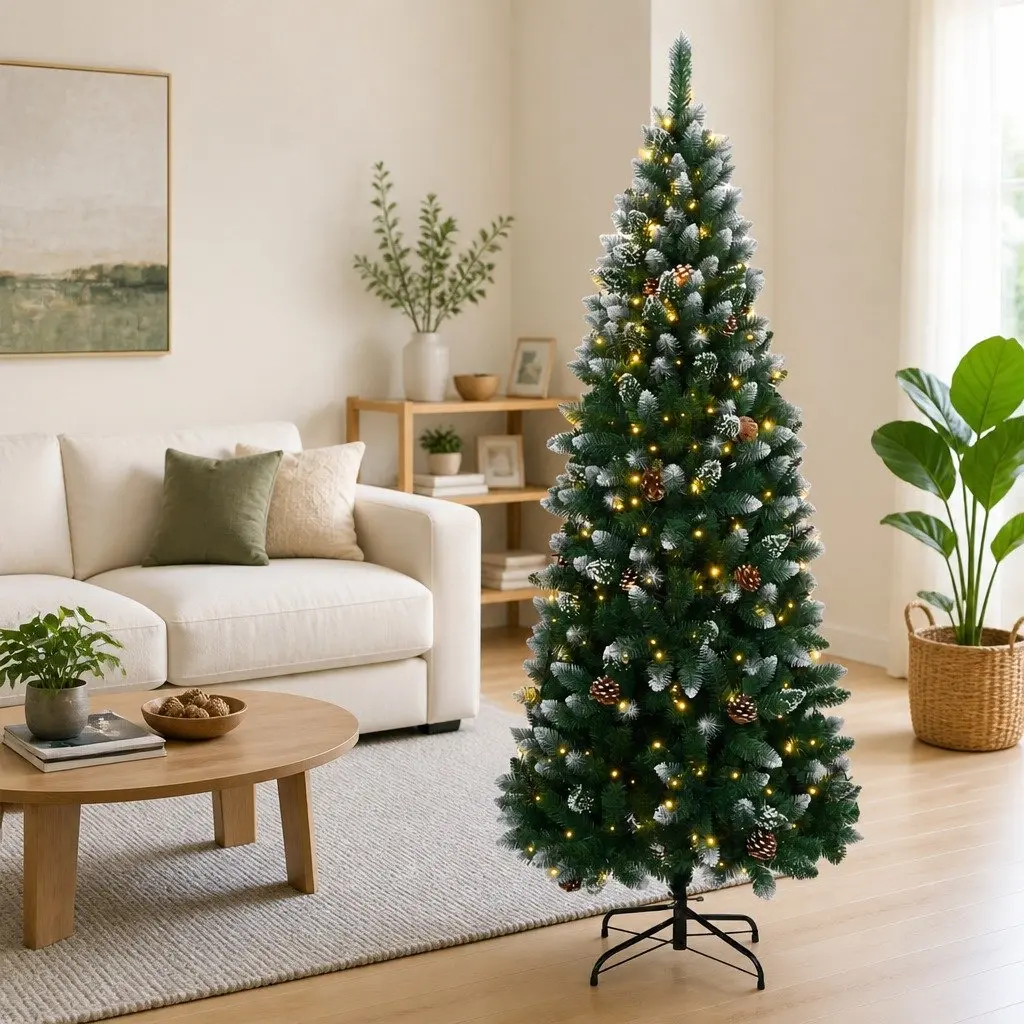 Artificial Christmas Tree 180cm Green PVC Hinged Branches with 300 LED Lights Steel Stand