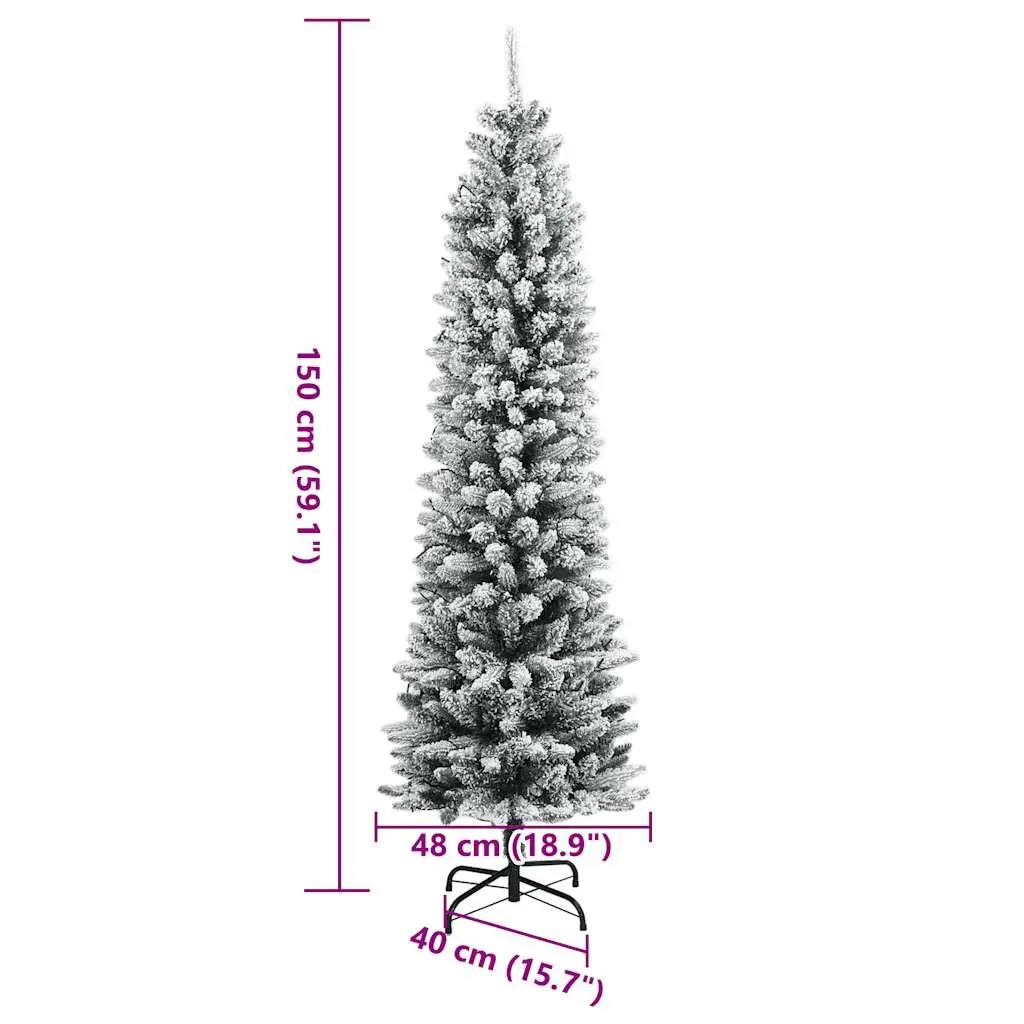 Artificial Christmas Tree Slim 150cm Green Flocked Snow with 150 LEDs