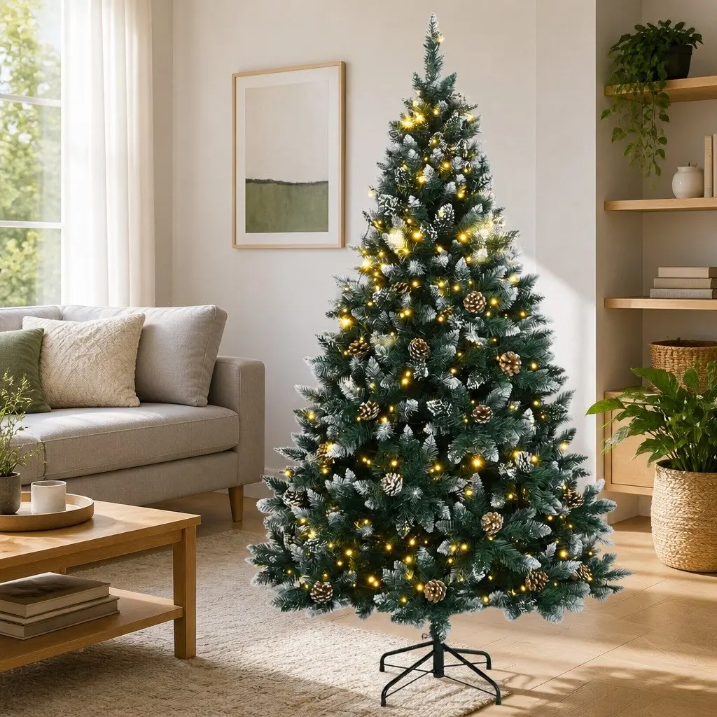 Artificial Christmas Tree 210cm Green PVC with 300 LED Lights and Hinged Branches