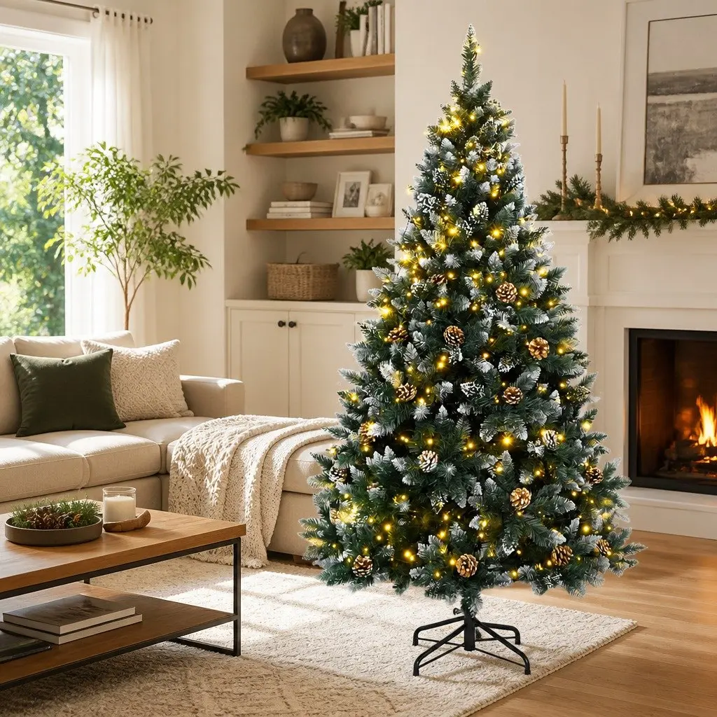 Artificial Christmas Tree 240cm Green PVC 300 LED Lights 8 Modes Hinged Branches