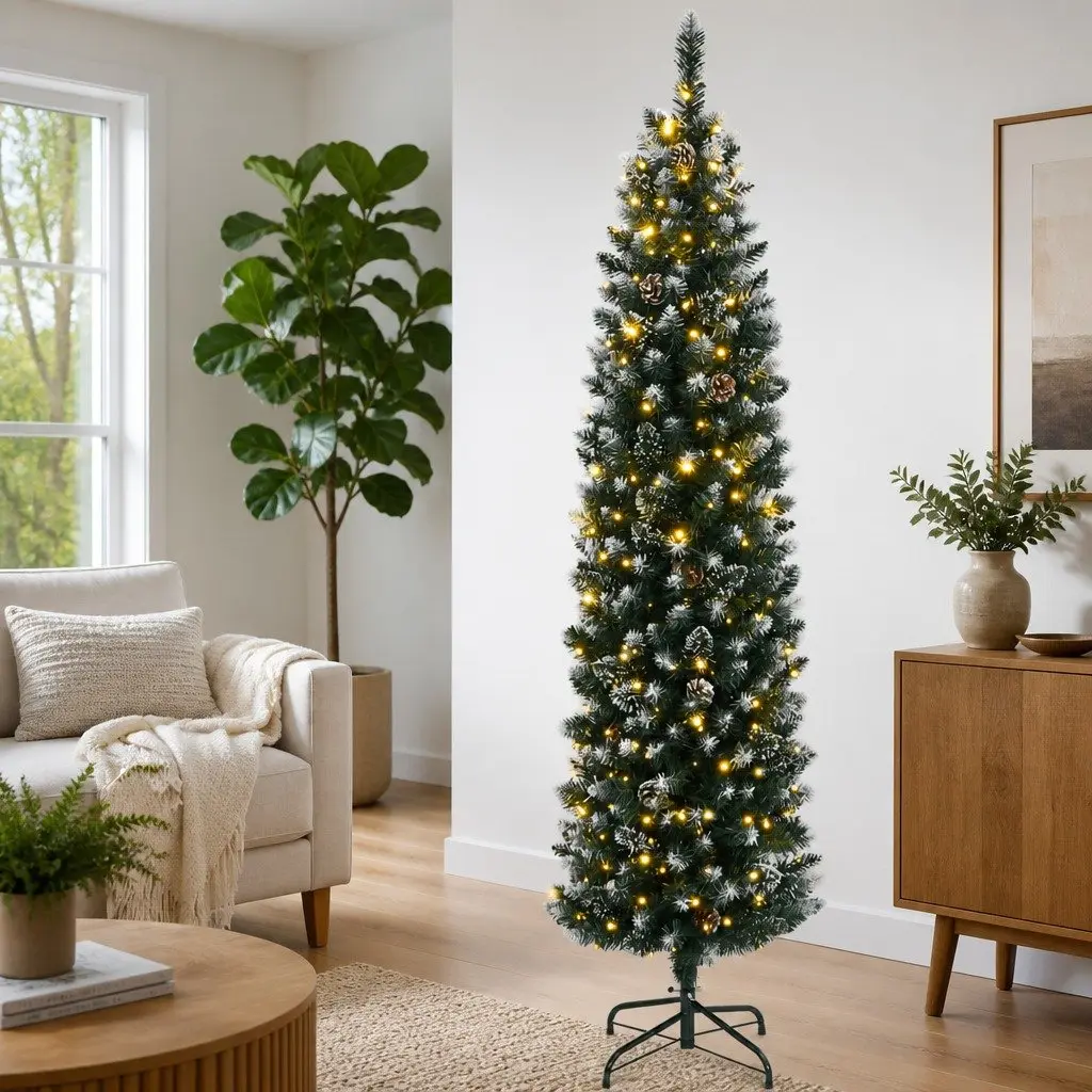 Artificial Slim Christmas Tree 210cm Green Indoor Holiday Decorations 300 LEDs