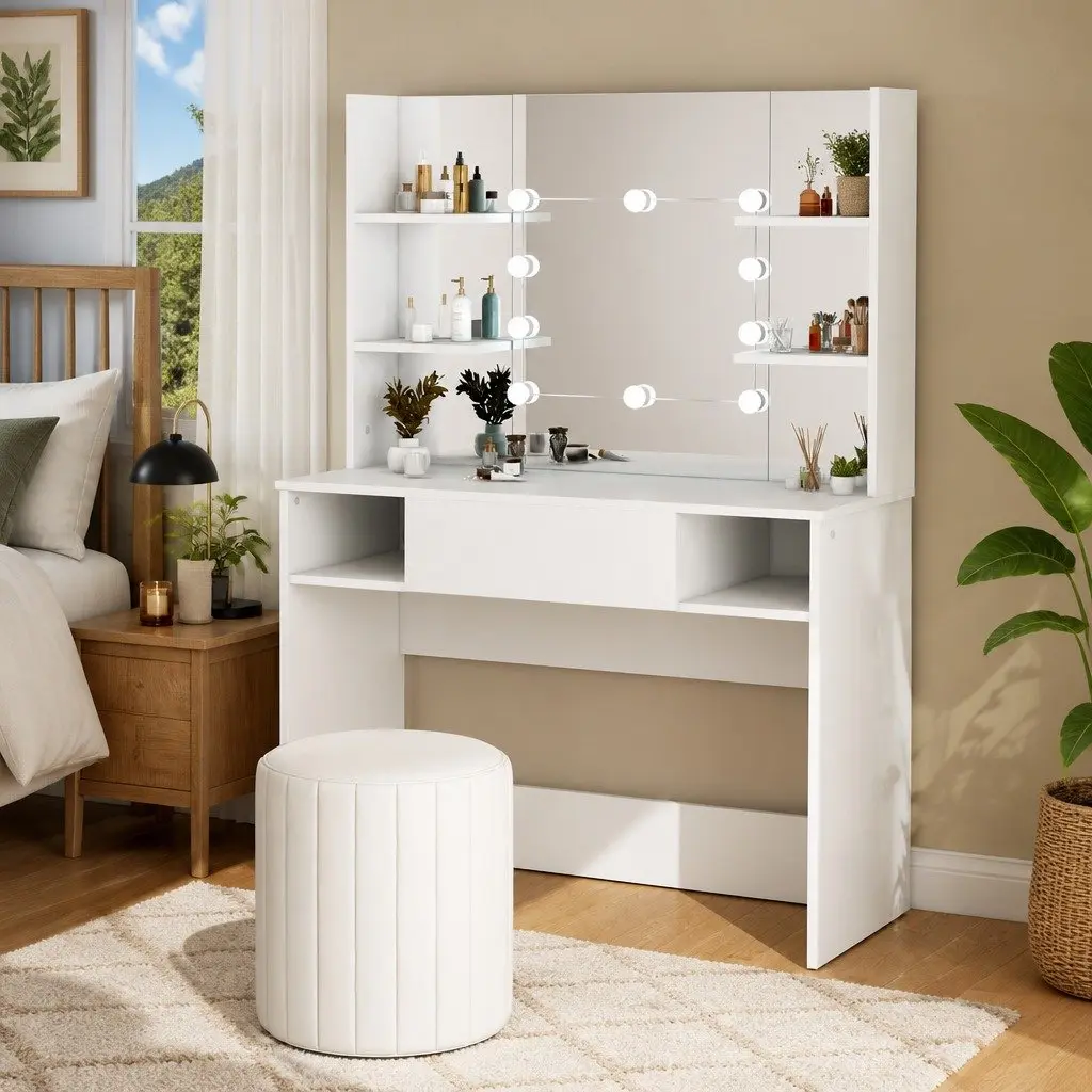 Makeup Dressing Table LED Lights Mirror White Vanity Unit 100cm x 40cm x 135cm