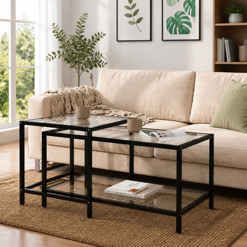 Tempered Glass Tea Tables Set of 2 Transparent Side End Coffee Accent Furniture