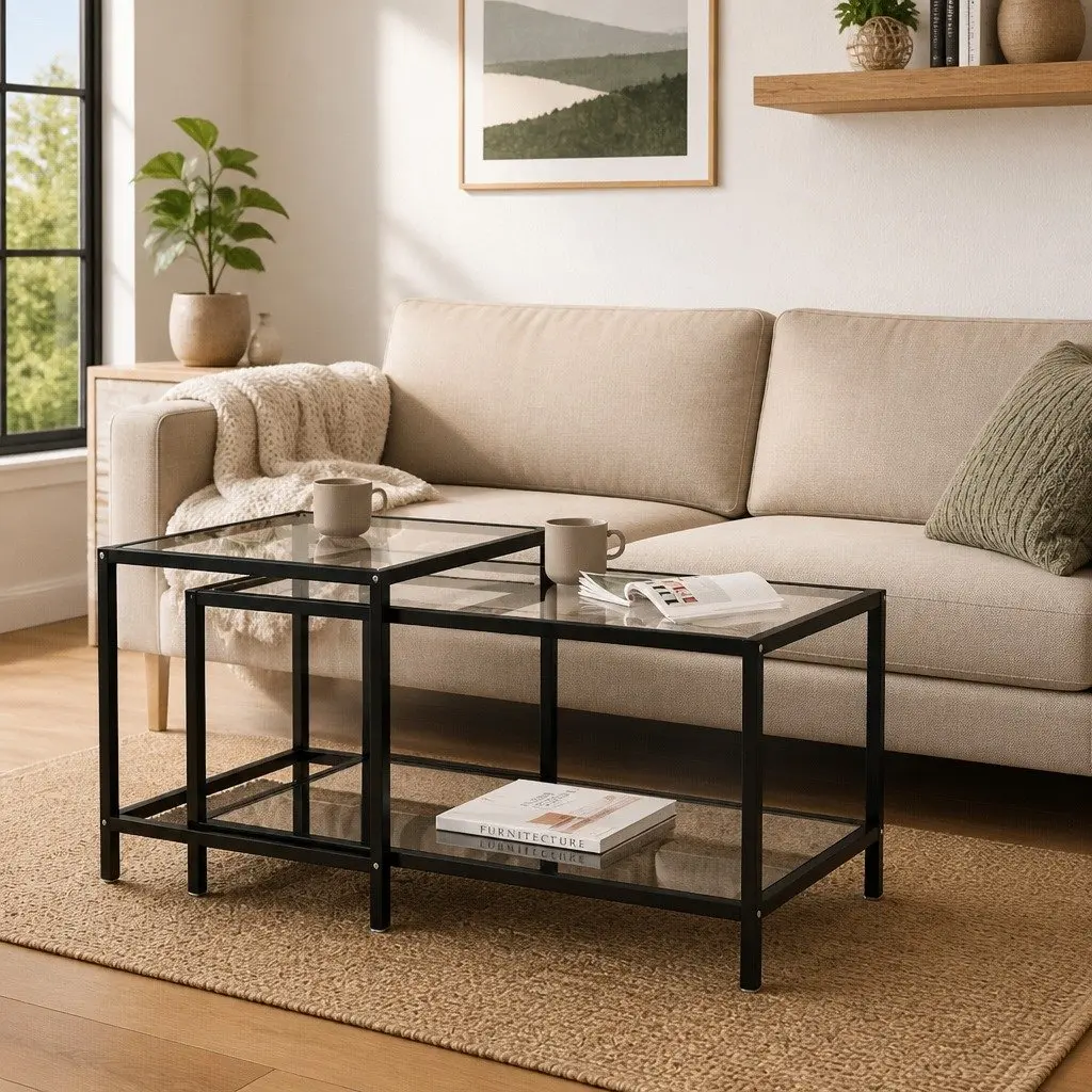 Tea Tables Set of 2 Tempered Glass Top Black Side Accent End Tables Nesting