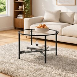 Round Tea Table Black Tempered Glass Modern Coffee Side End Table 70cm