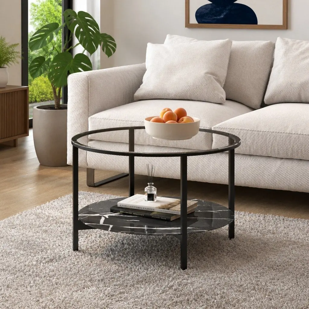Tea Table Modern Accent Side Coffee Table 70cm Black Marble Glass Top 2-Tier