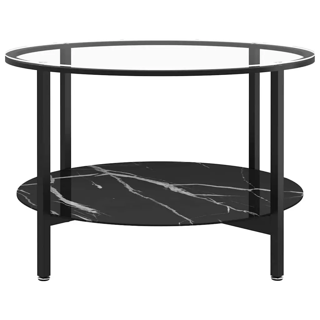 Tea Table Modern Accent Side Coffee Table 70cm Black Marble Glass Top 2-Tier