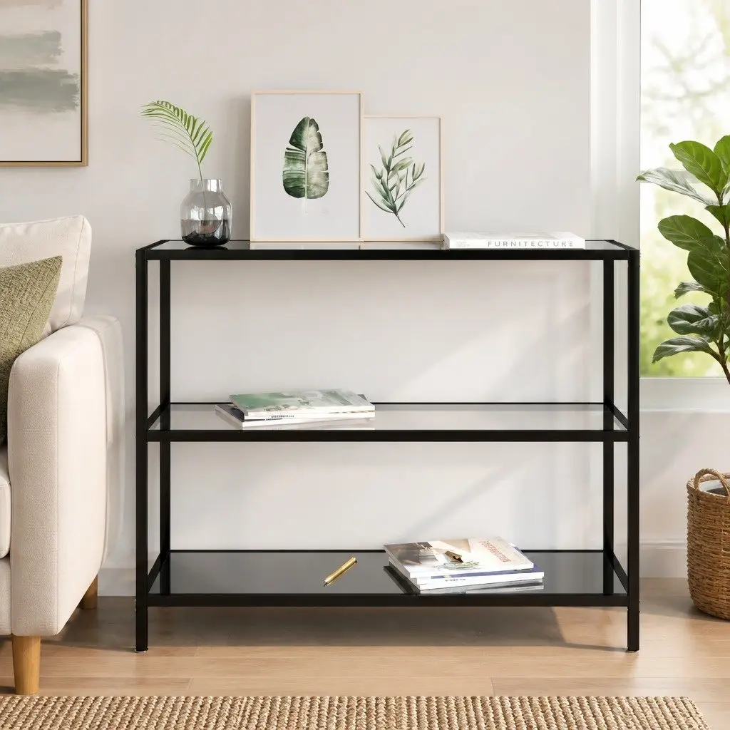 Black Corner Shelf Unit with Glass Shelves