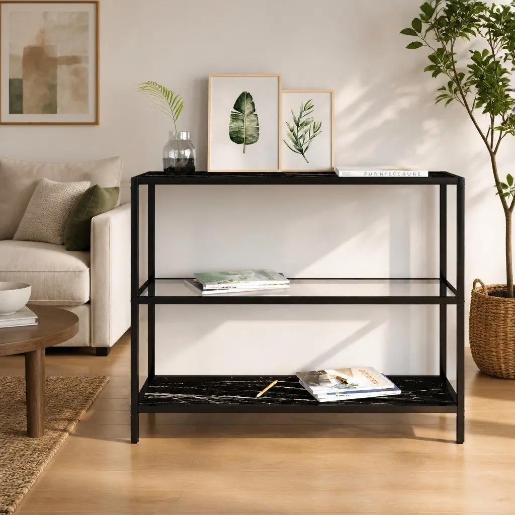 Black Marble Tempered Glass Shelf Unit Storage Display Corner Bookcase 100x36x90cm