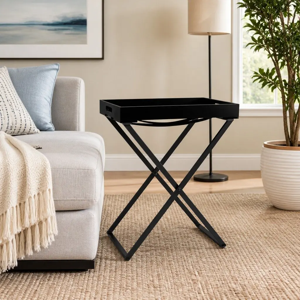 Folding Side Table Black Compact Accent End Table Indoor Outdoor