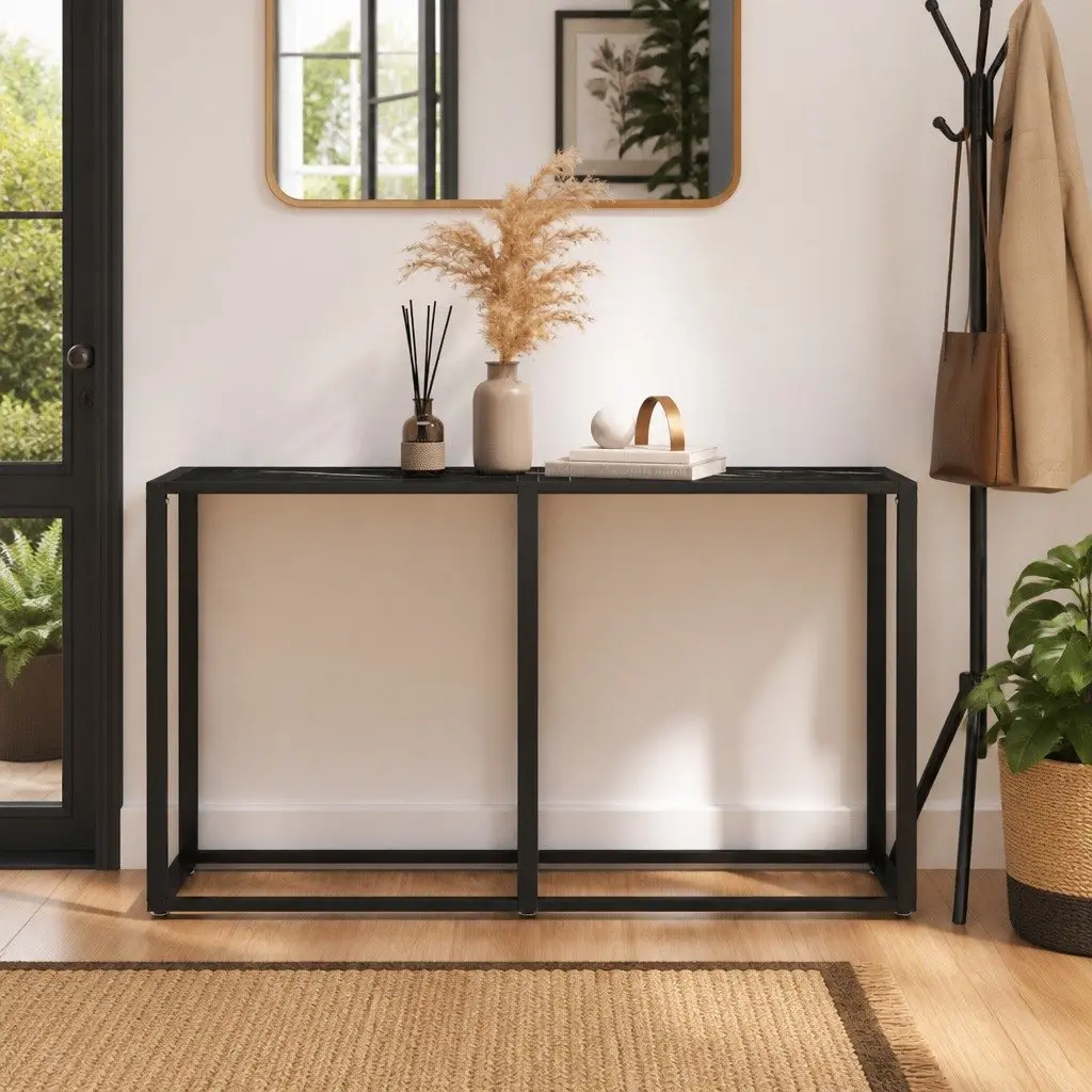 Console Table Black Marble Top Tempered Glass Steel Frame 140cm W x 35cm D x 75.5cm H Black