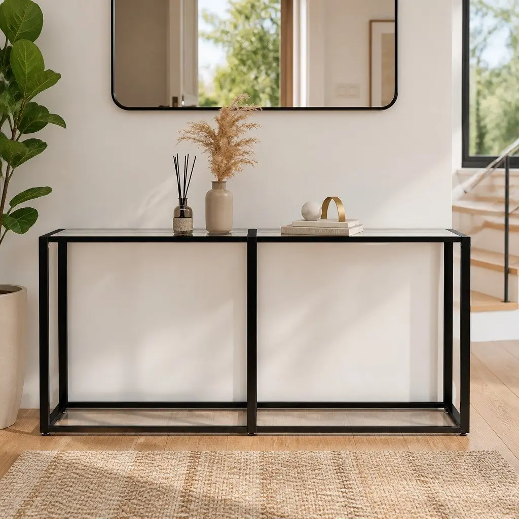 Steel Frame Console Table 160cm Tempered Glass Top Transparent Side Table