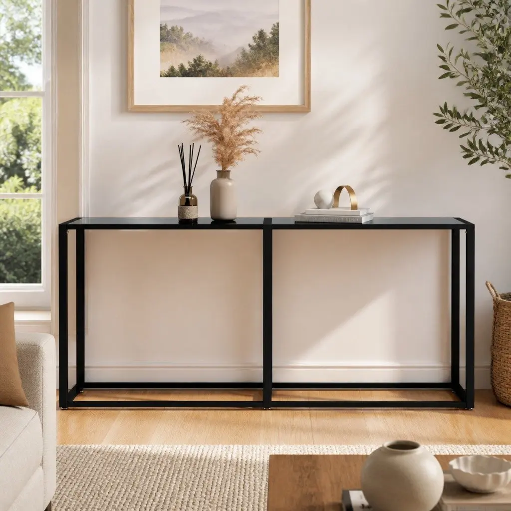 Console Table Black Tempered Glass Steel Frame 160x35x75.5cm