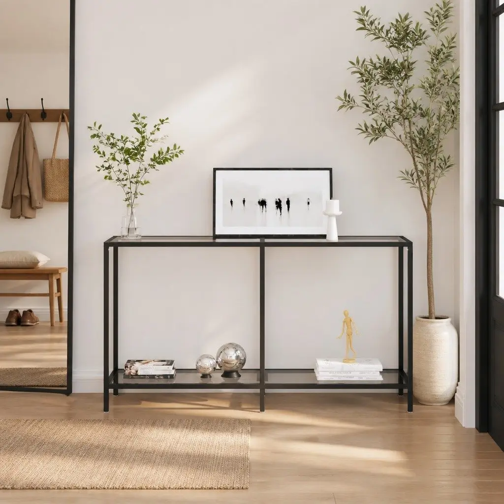Tempered Glass Console Table with Shelf Storage Living Room Accent Furniture