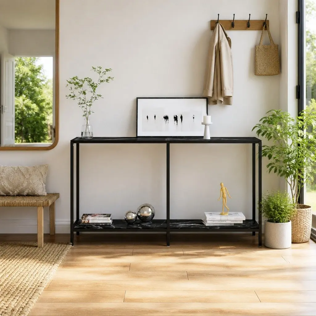 Console Table Storage Black Tempered Glass Shelf 140W x 35D x 75.5H cm