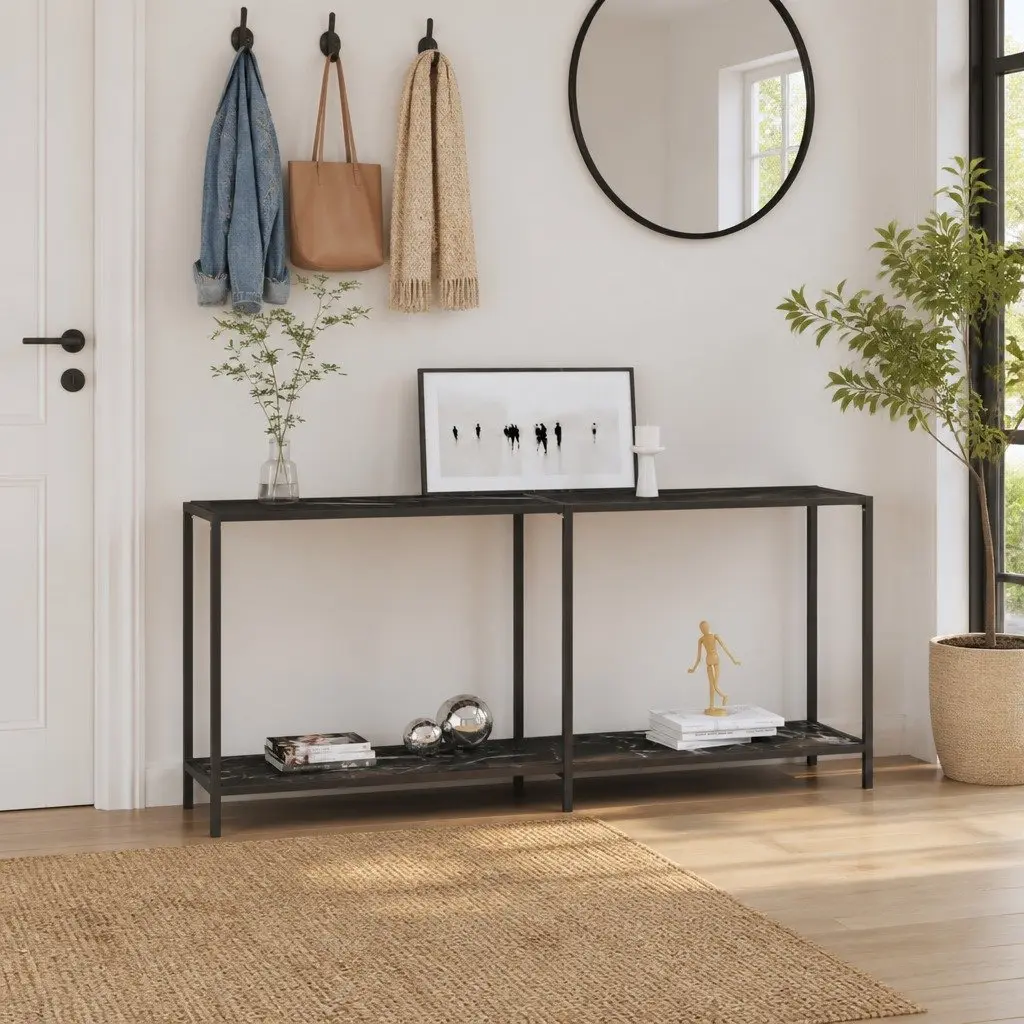 Console Table Black Tempered Glass Accent End Table Living Room Storage Shelf 160 x 35 x 75.5 cm
