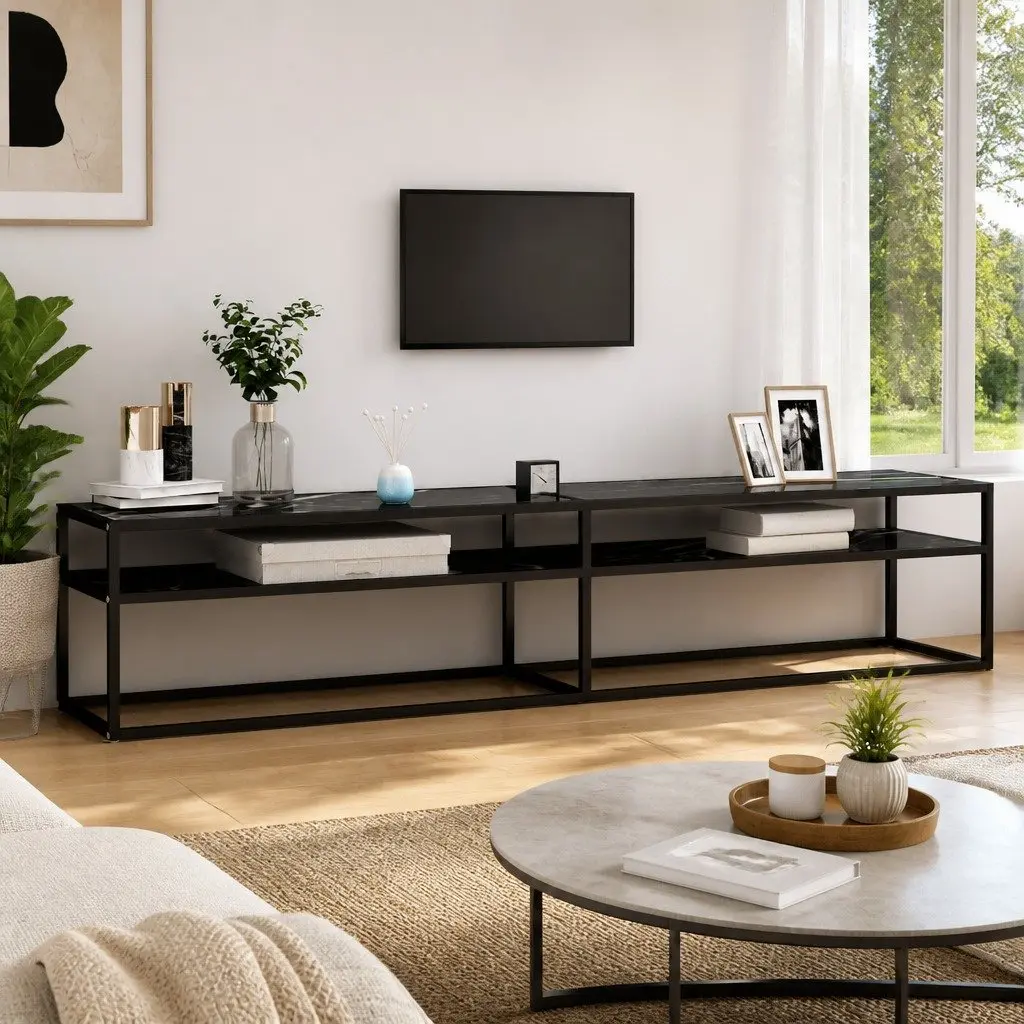 TV Cabinet Black Marble Storage Unit 200 x 40 x 40.5 cm Tempered Glass Living Room Furniture