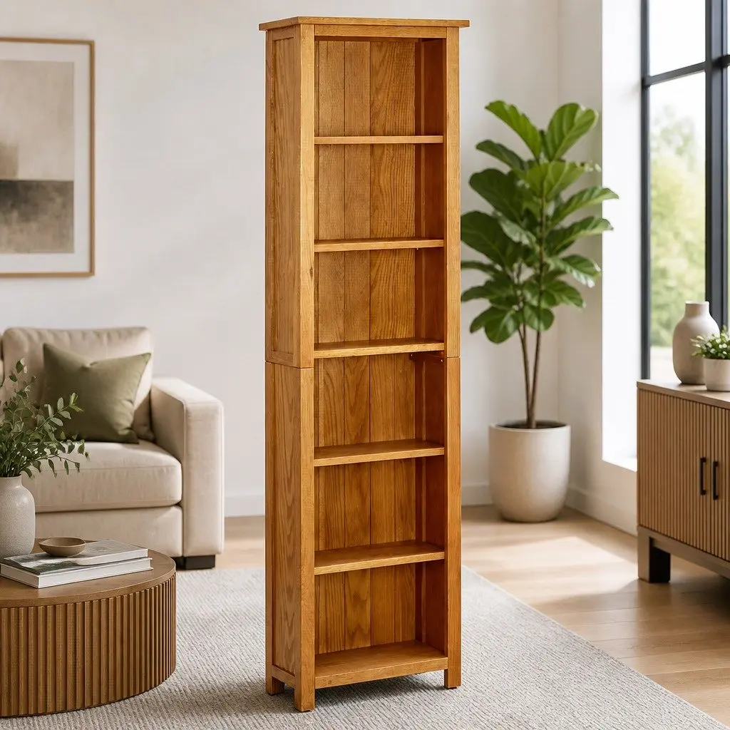 6-Tier Bookcase 52x22x180cm Solid Oak Wood Shelving Standing Shelf Display Unit